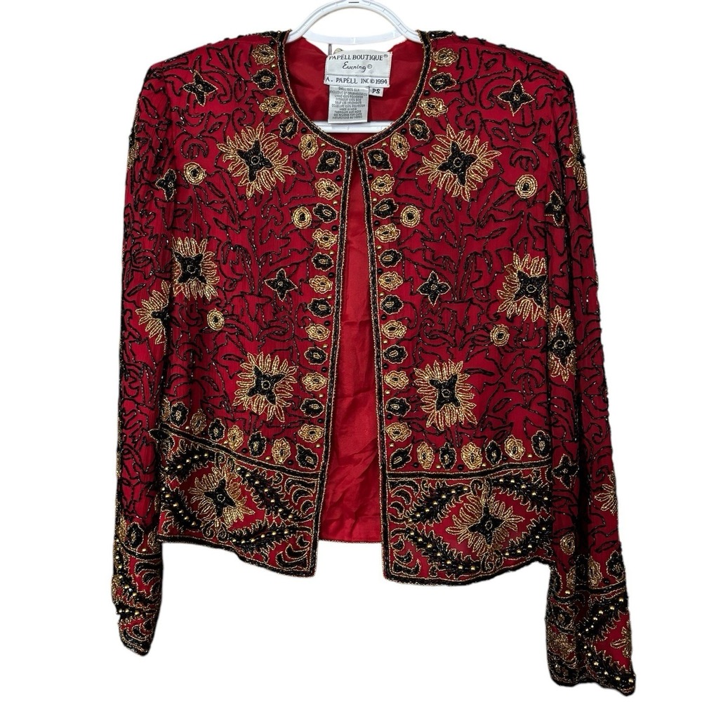 Vintage Papell Boutique Petite Small Evening Beaded Silk Jacket Old Money Retro